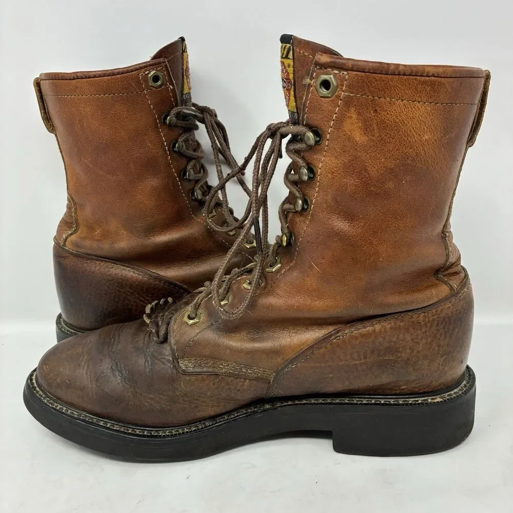 Justin Packer Logger Chestnut Brown 762 Kiltie Leather Work Boots USA Mens 8.5D